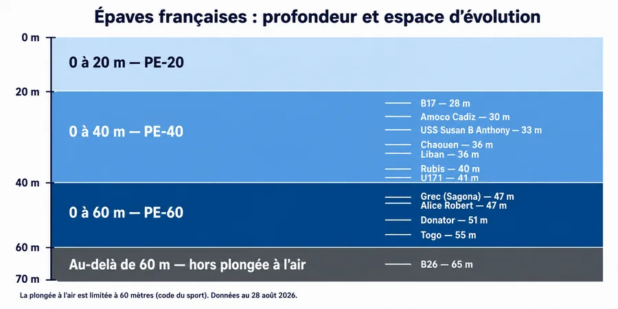 profondeurs des épaves françaises et espaces d'évolution