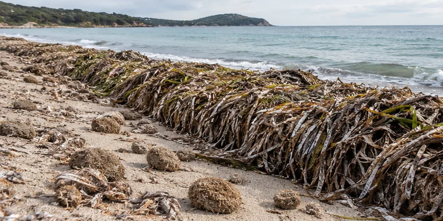 Banquette de feuilles mortes de posidonie échouée sur une plage de sable de Méditerranée