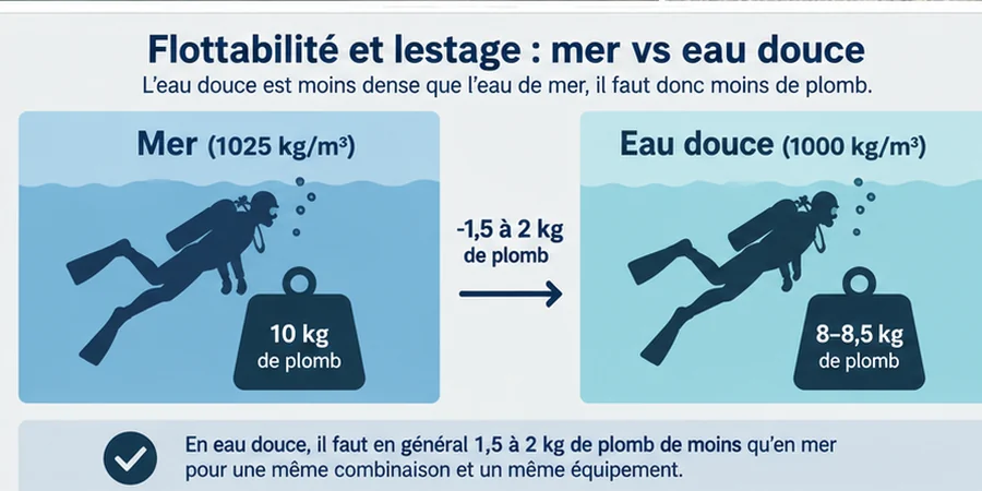 Infographie illustrant la différence de lestage entre plongée en mer et en eau douce