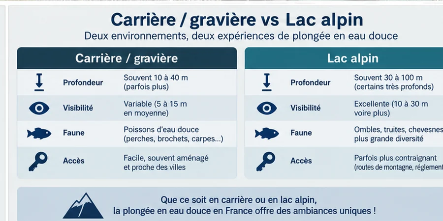 Infographie comparant les carrières et les lacs alpins pour la plongée en eau douce