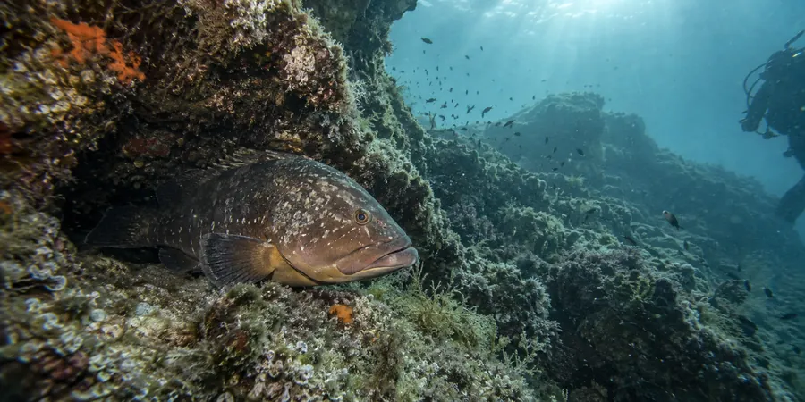 Mérou brun immobile près d'un tombant rocheux en Méditerranée