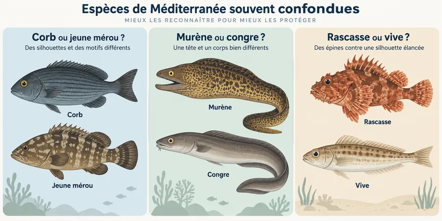 Infographie comparant trois paires d'espèces méditerranéennes souvent confondues