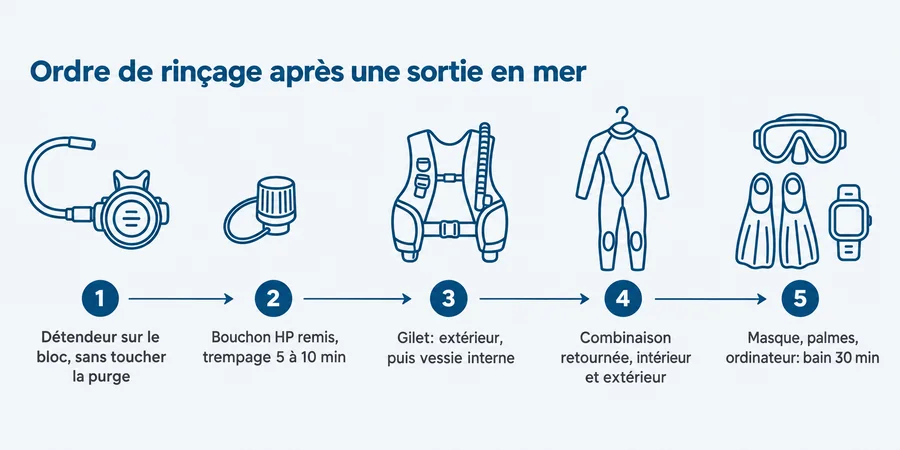 Infographie présentant les cinq étapes du rinçage du matériel de plongée dans l'ordre