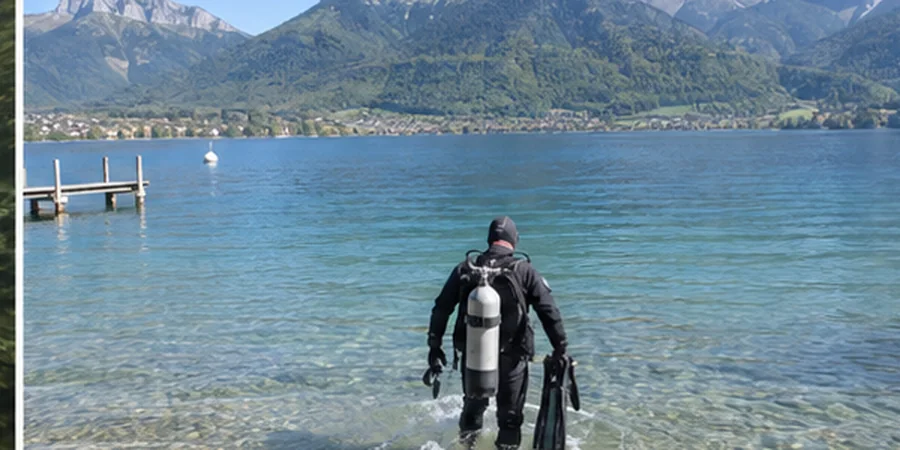 Plongeur entrant dans un lac alpin depuis une plage, montagnes en arrière-plan