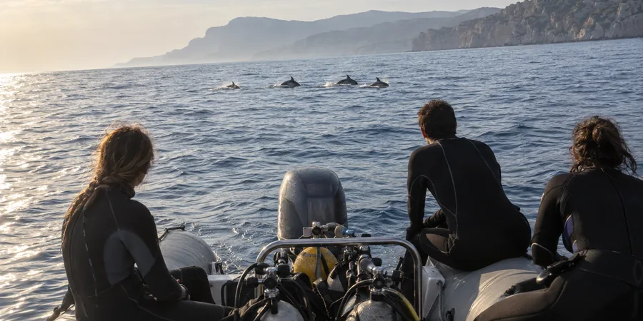Plongeurs sur un semi-rigide moteur au ralenti observant à distance un groupe de grands dauphins en Méditerranée