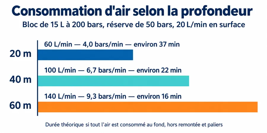 Consommation d'air d'un bloc de 15 L à 20, 40 et 60 m de profondeur